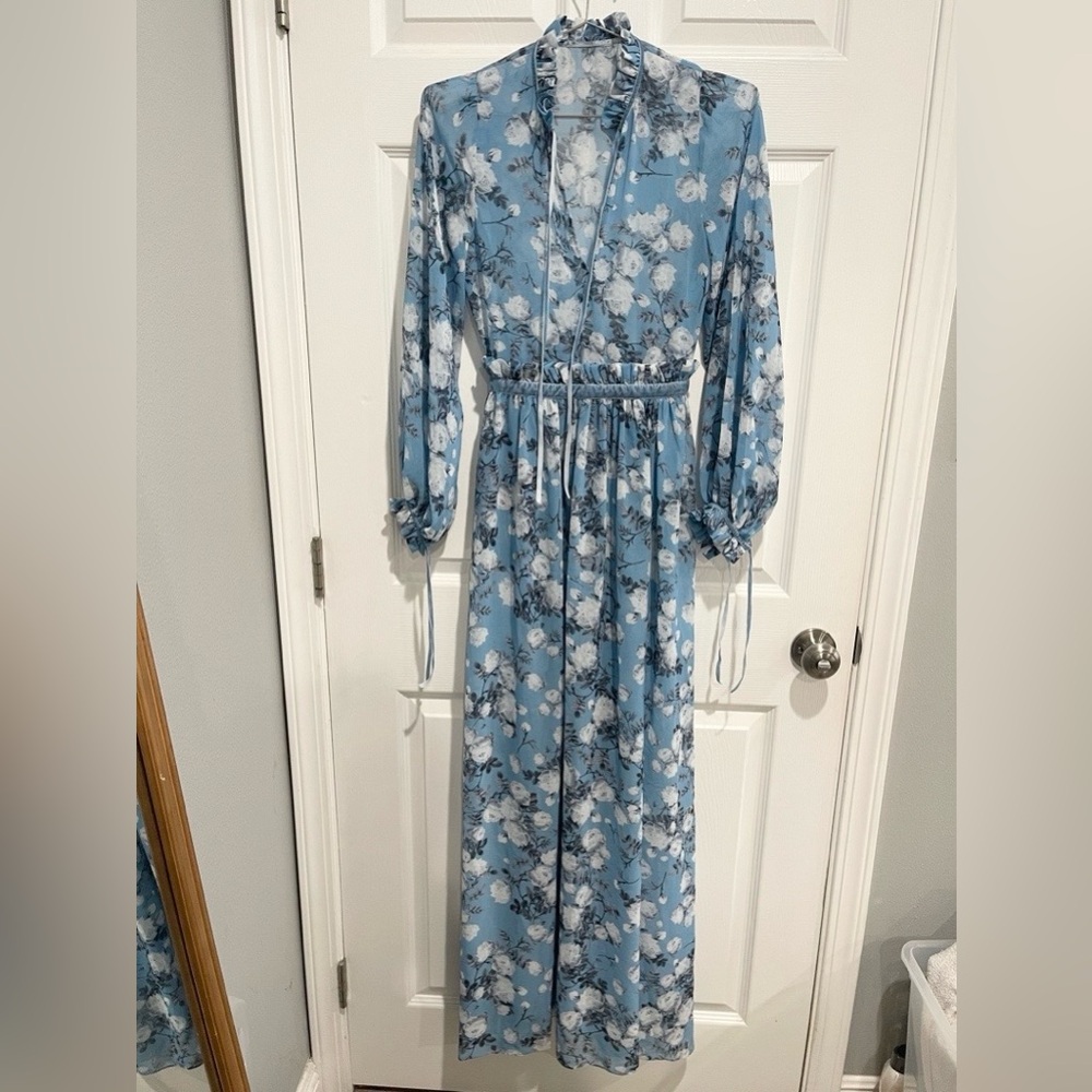 Thai Designer Elegant Floral Blue Maxi Dress - Picture 5 of 6